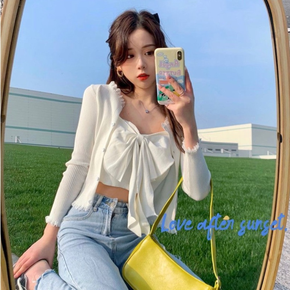 Yesstyle - Cropped cardigan/ Bow-front cropped camisole